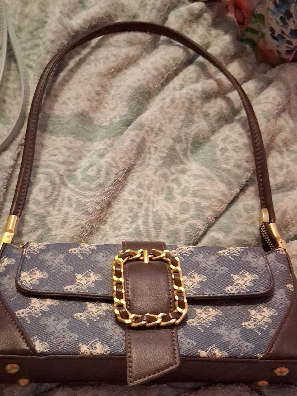 Brown Leather-Trim Shoulder Bag with Gold Chain Accent